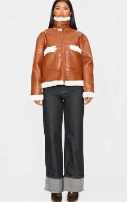 Camel Faux Fur Trim Faux Leather Aviator Jacket