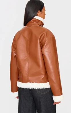 Camel Faux Fur Trim Faux Leather Aviator Jacket