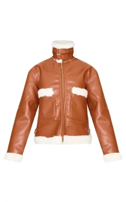 Camel Faux Fur Trim Faux Leather Aviator Jacket