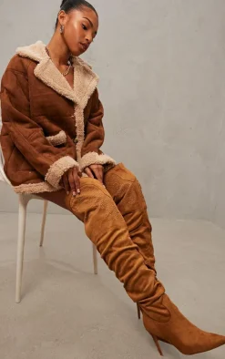 Camel Faux Suede Point Toe Studded Over The Knee Heeled Western Boots
