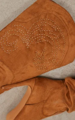 Camel Faux Suede Point Toe Studded Over The Knee Heeled Western Boots