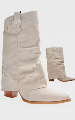 Camel Faux Suede Point Toe Block Heel Fold Over Western Boots