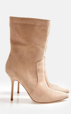 Camel Faux Suede Point Toe Stitch Detail High Stiletto Heeled Boots