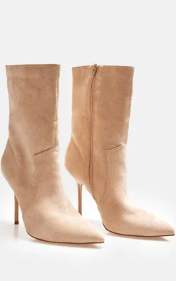 Camel Faux Suede Point Toe Stitch Detail High Stiletto Heeled Boots