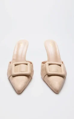 Camel Faux Suede Wide Fit Buckle Point Toe Heeled Mules
