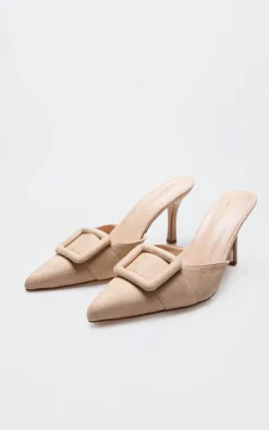 Camel Faux Suede Wide Fit Buckle Point Toe Heeled Mules
