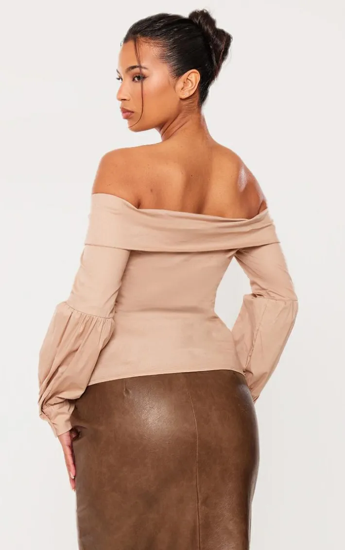 Camel Fold Over Edge Off Shoulder Shirt
