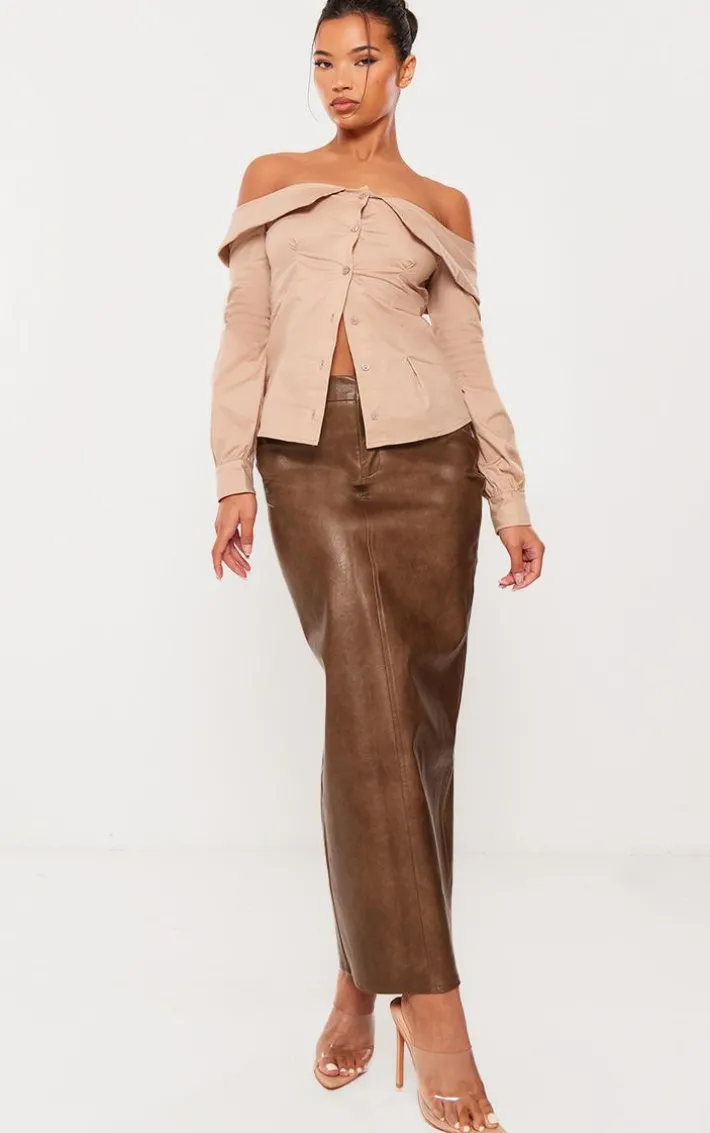 Camel Fold Over Edge Off Shoulder Shirt