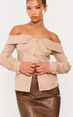 Camel Fold Over Edge Off Shoulder Shirt
