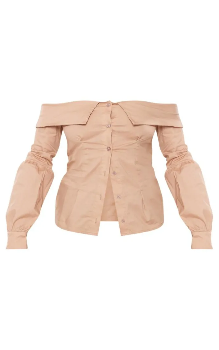 Camel Fold Over Edge Off Shoulder Shirt