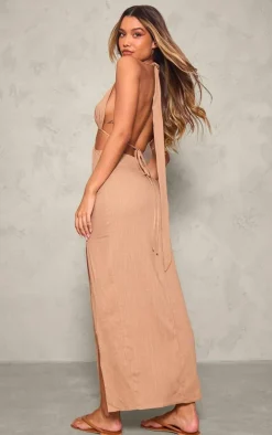 Camel Halterneck Backless Maxi Dress