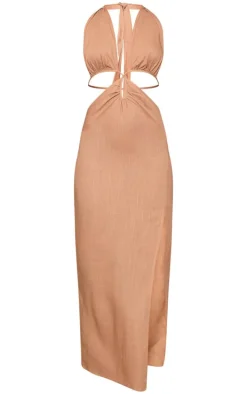 Camel Halterneck Backless Maxi Dress
