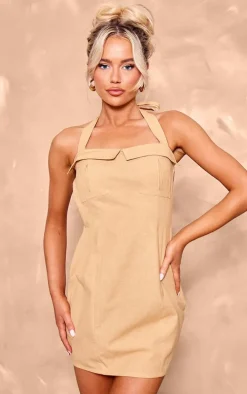 Camel Linen Look Pocket Halterneck Tie Bodycon Dress