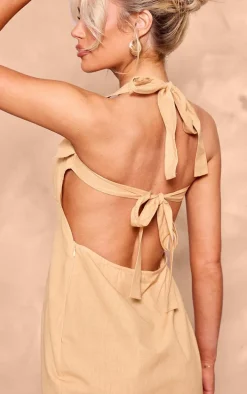 Camel Linen Look Pocket Halterneck Tie Bodycon Dress
