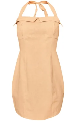 Camel Linen Look Pocket Halterneck Tie Bodycon Dress