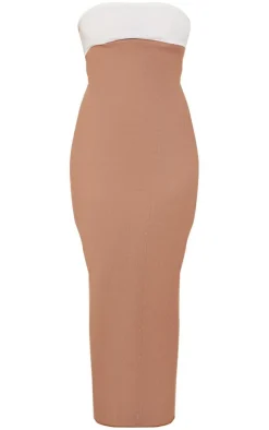 Camel Linen Look Two Tone Bandeau Maxi Dress