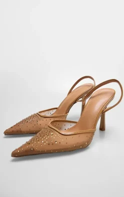 Camel Mesh Diamante High Stiletto Sling Back Court Heels