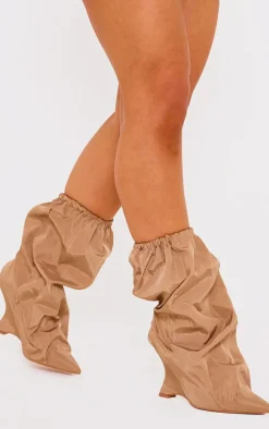 Camel Nylon Elasticated Pointed Clipped Wedge Heeled Boots