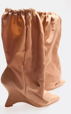 Camel Nylon Elasticated Pointed Clipped Wedge Heeled Boots