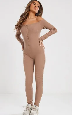 Camel Off The Shoulder Button Front Ribbed Jumpsuit