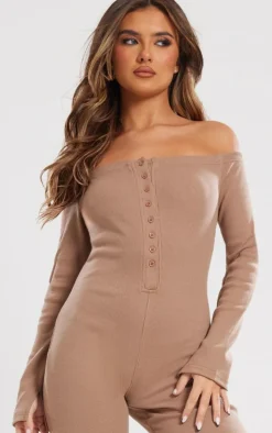 Camel Off The Shoulder Button Front Ribbed Jumpsuit