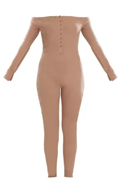 Camel Off The Shoulder Button Front Ribbed Jumpsuit