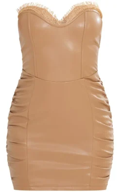Camel PU Lace Trim Detail Bandeau Bodycon Dress