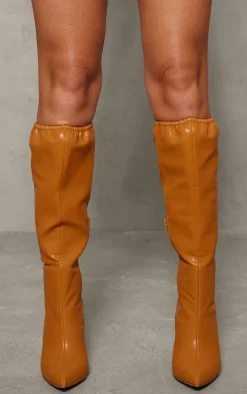Camel PU Point Toe Gathered Hem Knee High Stiletto Heeled Boots