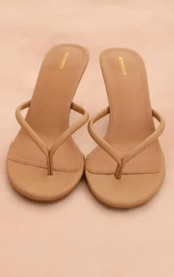Camel PU Round Toe Thong Mid Heeled Mules