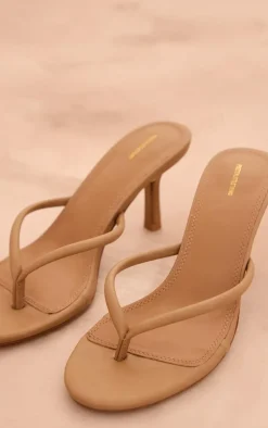 Camel PU Round Toe Thong Mid Heeled Mules