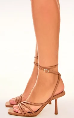 Camel PU Square Toe Asymmetric Tube Strap Heeled Sandals