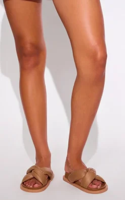 Camel Real Leather Round Toe Strap Over Quilted Strap Footbed Sandals