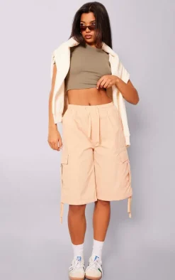 Camel Ripstop Drawstring Oversized Long Cargo Shorts