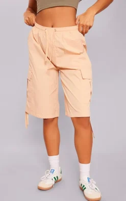 Camel Ripstop Drawstring Oversized Long Cargo Shorts