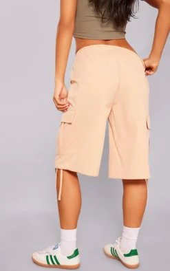 Camel Ripstop Drawstring Oversized Long Cargo Shorts