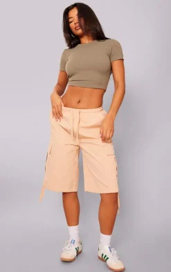 Camel Ripstop Drawstring Oversized Long Cargo Shorts