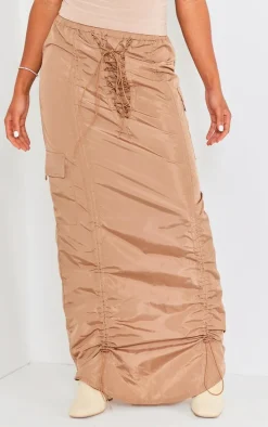 Camel Shell Ruched Front Toggle Detail Cargo Maxi Skirt