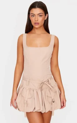 Camel Square Neck Puffball Dress