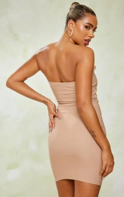 Camel Stretch Woven Extreme V Bar Ruched Bodycon Dress