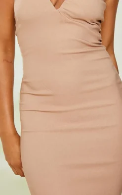 Camel Stretch Woven Extreme V Bar Ruched Bodycon Dress