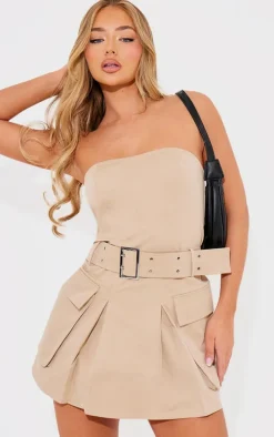 Camel Tailored Woven Pocket Belted Bandeau Bodycon Dress