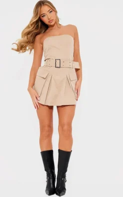 Camel Tailored Woven Pocket Belted Bandeau Bodycon Dress