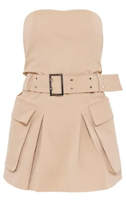 Camel Tailored Woven Pocket Belted Bandeau Bodycon Dress