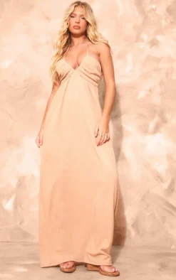 Camel Textured Cross Halterneck Maxi Dress