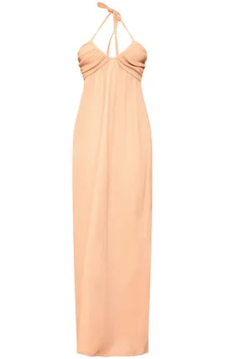 Camel Textured Cross Halterneck Maxi Dress