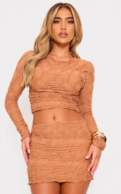 Camel Textured Long Sleeve Crop Top