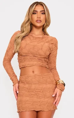 Camel Textured Low Rise Micro Mini Skirt