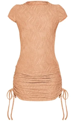 Camel Textured Ruched Cap Sleeve Bodycon Dress