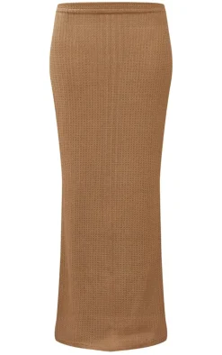 Camel Textured Sheer Rib Low Rise Midi Skirt
