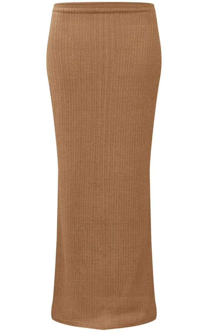 Camel Textured Sheer Rib Low Rise Midi Skirt